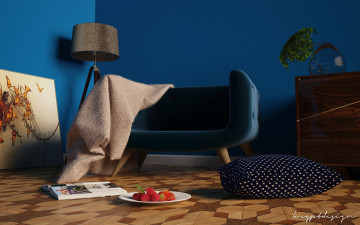 Картинка 3д+графика реализм+ realism комната диван стол светильник стул