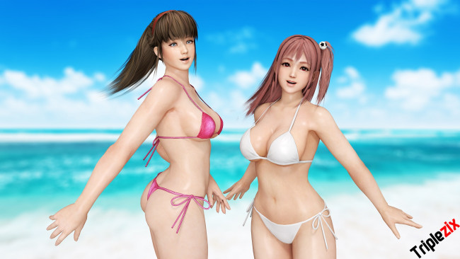 Обои картинки фото 3д графика, аниме , anime, море, пляж, фон, взгляд, девушки
