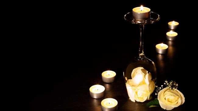 Обои картинки фото разное, свечи, бокал, лепестки, роза