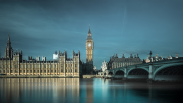 Картинка англия города лондон+ великобритания река мост здания часы