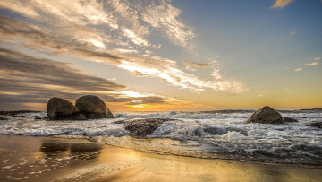 Картинка природа побережье камни берег волны море закат
