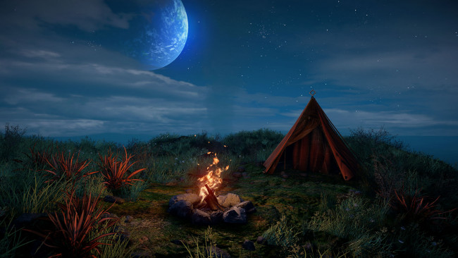Обои картинки фото природа, огонь, палатка, костер, луна, ночь