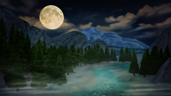 Обои картинки фото рисованное, природа, горы, ночь, ели, река, луна