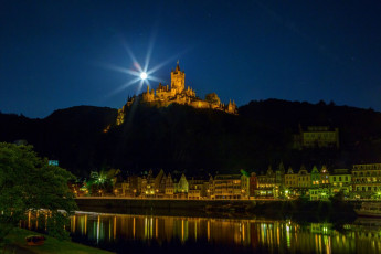 Картинка города кохем+ германия река замок вечер огни