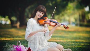 Картинка музыка -другое скрипка азиатка девушка природа взгляд