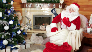 Картинка праздничные дед+мороз +санта+клаус камин елка санта