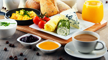 Картинка еда разное завтрак хлеб сыр джем мед кофе сок яичница