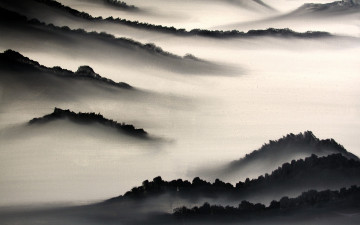 Картинка природа горы туман деревья холмы