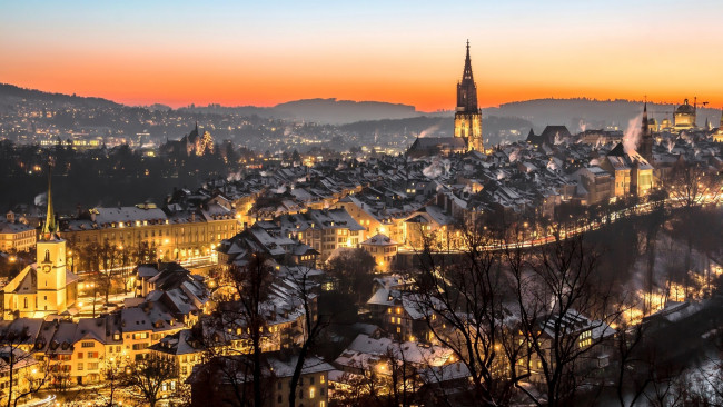 Обои картинки фото города, берн , швейцария, вечер, огни