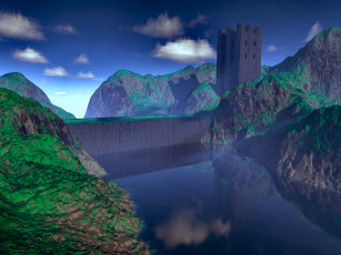 Картинка 3д графика nature landscape природа дамба река горы
