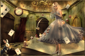 Картинка 3д графика fantasy фантазия сказка алиса в стране чудес чай часы кролик карты