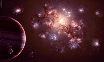 Картинка космос арт астероиды galaxy universe планета спутник газовый гигант