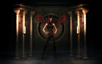 Картинка 3д графика fantasy фантазия крылья демон костюм рожки свечи тени девушка
