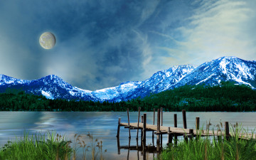 Картинка silverymoon 3д графика nature landscape природа горы трава луна озеро