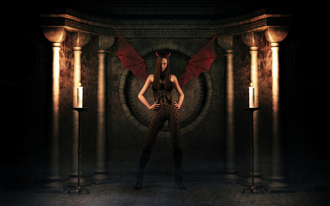 Обои картинки фото 3д, графика, fantasy, фантазия, крылья, демон, костюм, рожки, свечи, тени, девушка