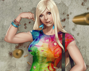 Картинка рисованные люди перья браслеты блондинка мускулы футболка стена гильзы девушка supergirl