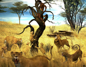 Картинка 3д+графика животные+ animals львы сафари