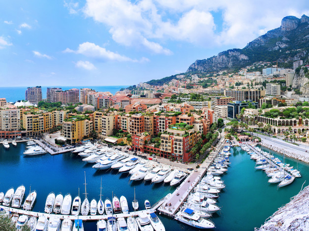Обои картинки фото fontvieille,  monaco, города, фонвьей , монако, причалы, monaco, набережная, порт, здания, катера, яхты, бухта, гавань, панорама, фонвьей