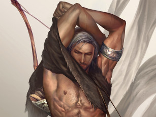 Картинка фэнтези люди арт мужчина мускулы лук стрелы ткань