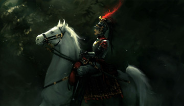 Картинка фэнтези люди арт лошадь всадник солдат ветки кокарда меч
