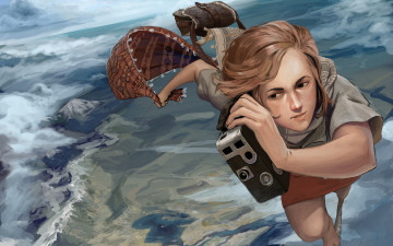 Картинка фэнтези девушки арт девушка портфель ветер высота облака