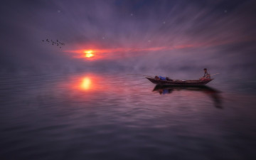 Картинка разное рыбалка +рыбаки +улов +снасти ночь лодка туман