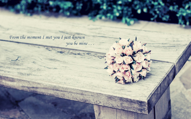 Обои картинки фото цветы, розы, слова, скамейка, лавка, букет