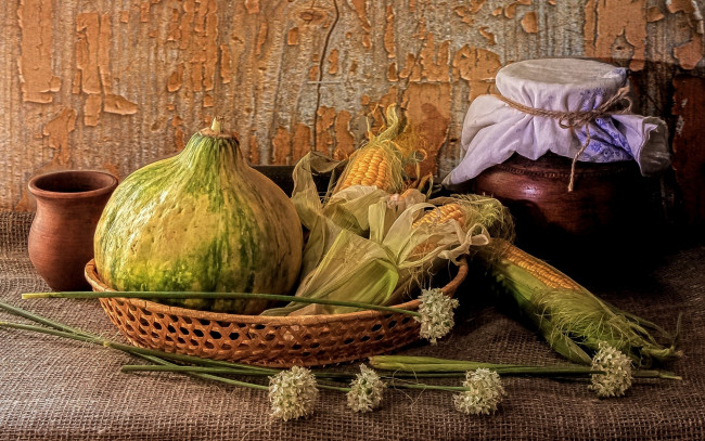 Обои картинки фото еда, овощи, текстура, кукуруза, тыква, крынка, натюрморт