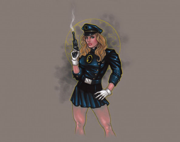 Обои картинки фото рисованное, комиксы, девушка, фон, пистолет, взгляд, униформа
