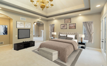 Картинка 3д+графика реализм+ realism дизайн кровать телевизор спальня
