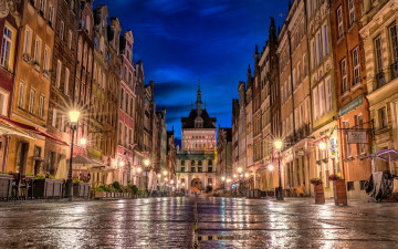 Картинка города гданьск+ польша улица фонари вечер огни