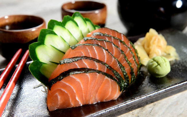Обои картинки фото еда, рыбные блюда,  с морепродуктами, имбирь, рыба, соус, васаби