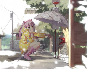 обоя аниме, kantoku, artbook, снег, зима, улица, зонт, девушка