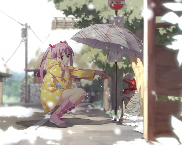 Обои картинки фото аниме, kantoku, artbook, снег, зима, улица, зонт, девушка