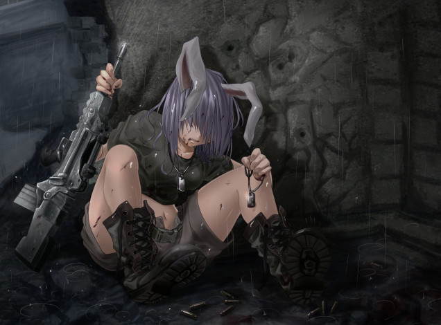 Обои картинки фото аниме, touhou, война, оружие, reisen, udongein, inaba, дождь