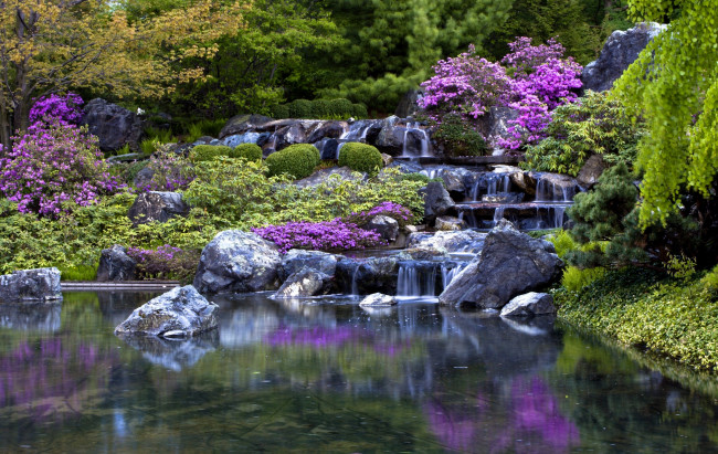Обои картинки фото монреальский, ботанический, сад, канада, природа, парк, водопад, деревья, цветы, камни