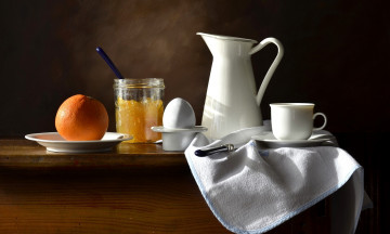 Картинка еда натюрморт кувшин апельсин чашка яйцо варенье