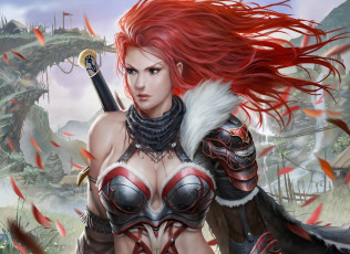 Картинка фэнтези девушки красные волосы рукоятка лепестки взгляд