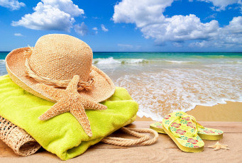 обоя разное, одежда,  обувь,  текстиль,  экипировка, отдых, пляж, солнце, sea, hat, bag, towel, starfish, summer, vacation, beach, accessories, море, каникулы, лето, sun