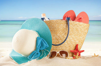 обоя разное, одежда,  обувь,  текстиль,  экипировка, солнце, море, лето, sun, пляж, каникулы, starfish, сланцы, отдых, sea, accessories, beach, очки, сумка, vacation, summer, шляпа, песок