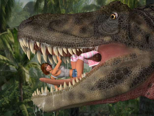 Обои картинки фото 3д графика, фантазия , fantasy, взгляд, девушка, динозавр, фон
