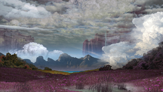Обои картинки фото 3д графика, природа , nature, озеро, цветы, облака, горы