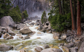 Картинка природа реки озера деревья камни скалы горы йосемити сша туман течение ручей