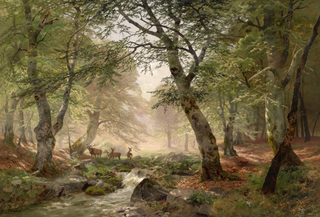 Обои картинки фото рисованное, живопись, рисунок, олени, ручей, лес, деревья, камни