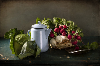 Картинка еда натюрморт нож чайник капуста редис редька овощи