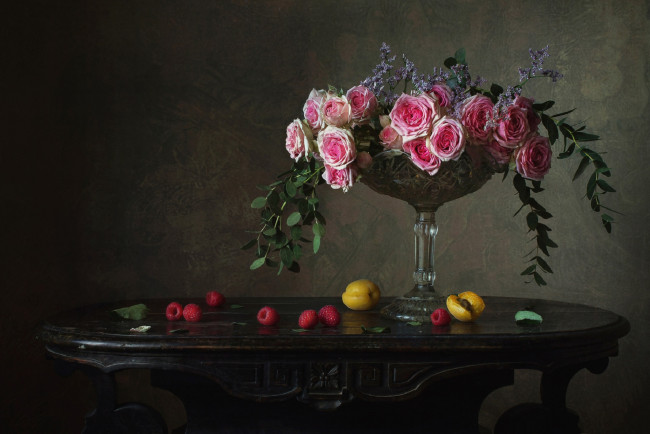 Обои картинки фото еда, натюрморт, малина, цветы, абрикос, роза