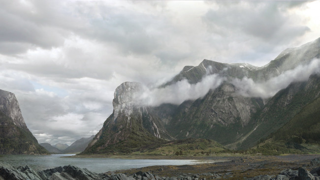 Обои картинки фото природа, реки, озера, горы, облака, водоём, norwegian, fjords, and, landscape