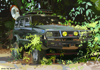 Картинка рисованное авто мото машина джип лес
