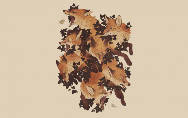 Обои картинки фото рисованное, животные,  лисы, лисы, листья
