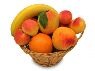 Картинка еда фрукты ягоды банан персик корзинка апельсин